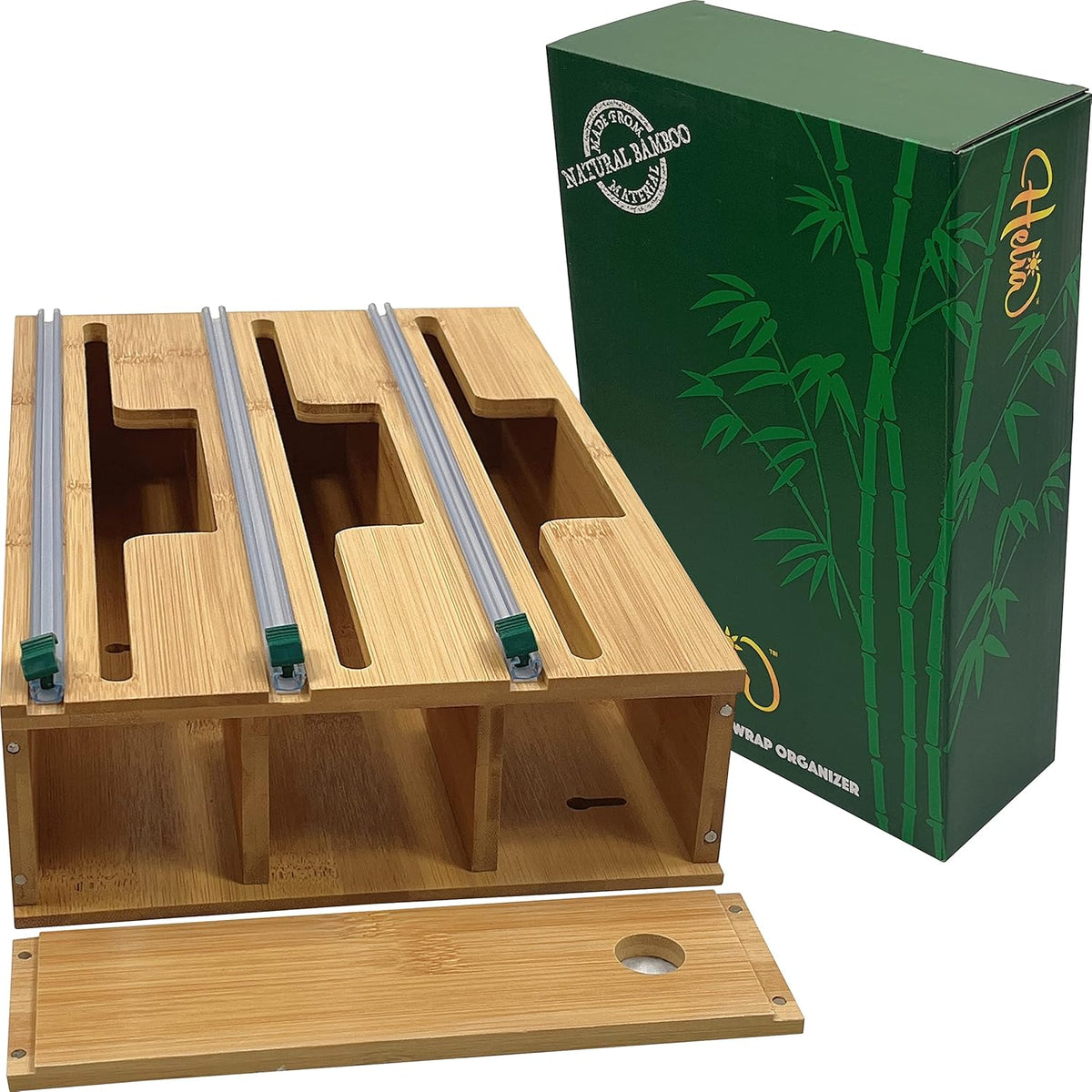 Bamboo Kitchen Wrap Organizer | Wall Mounting Solid Bamboo Foil and Plastic Wrap Dispenser with Sliding Cutters | Aluminum Foil and Plastic Wrap Dispenser with Cutter