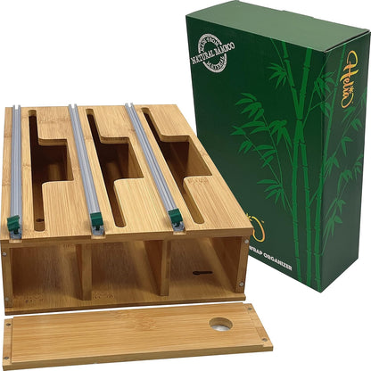 Bamboo Kitchen Wrap Organizer | Wall Mounting Solid Bamboo Foil and Plastic Wrap Dispenser with Sliding Cutters | Aluminum Foil and Plastic Wrap Dispenser with Cutter