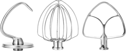 Stainless Steel Mixer Accessories for Kitchenaid 4.5-5 Qt Tilt-Head | Heavy Duty Flat Beater, Dough Hook & 6 Wire Whisk, Fits KSM150, KSM45, KSM90, Dishwasher Safe Replacement Parts