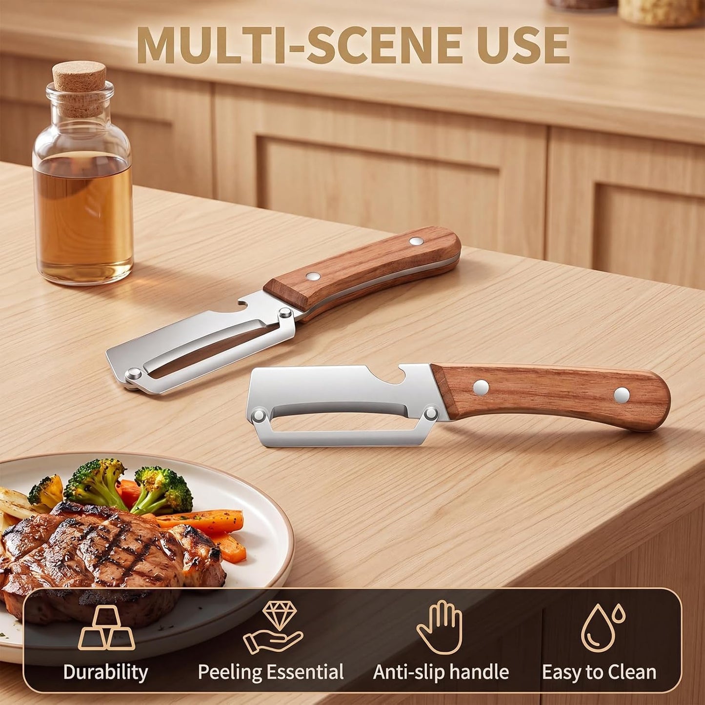 Premium Kitchen Peeler with Bottle Opener,Thickened by 80%(1.8MM) Stainless Steel Blade with Wooden Handle, Multi-functional Vegetable and Fruit Peelers for Carrot Pumpkin Potato Papaya,Right-Hand use