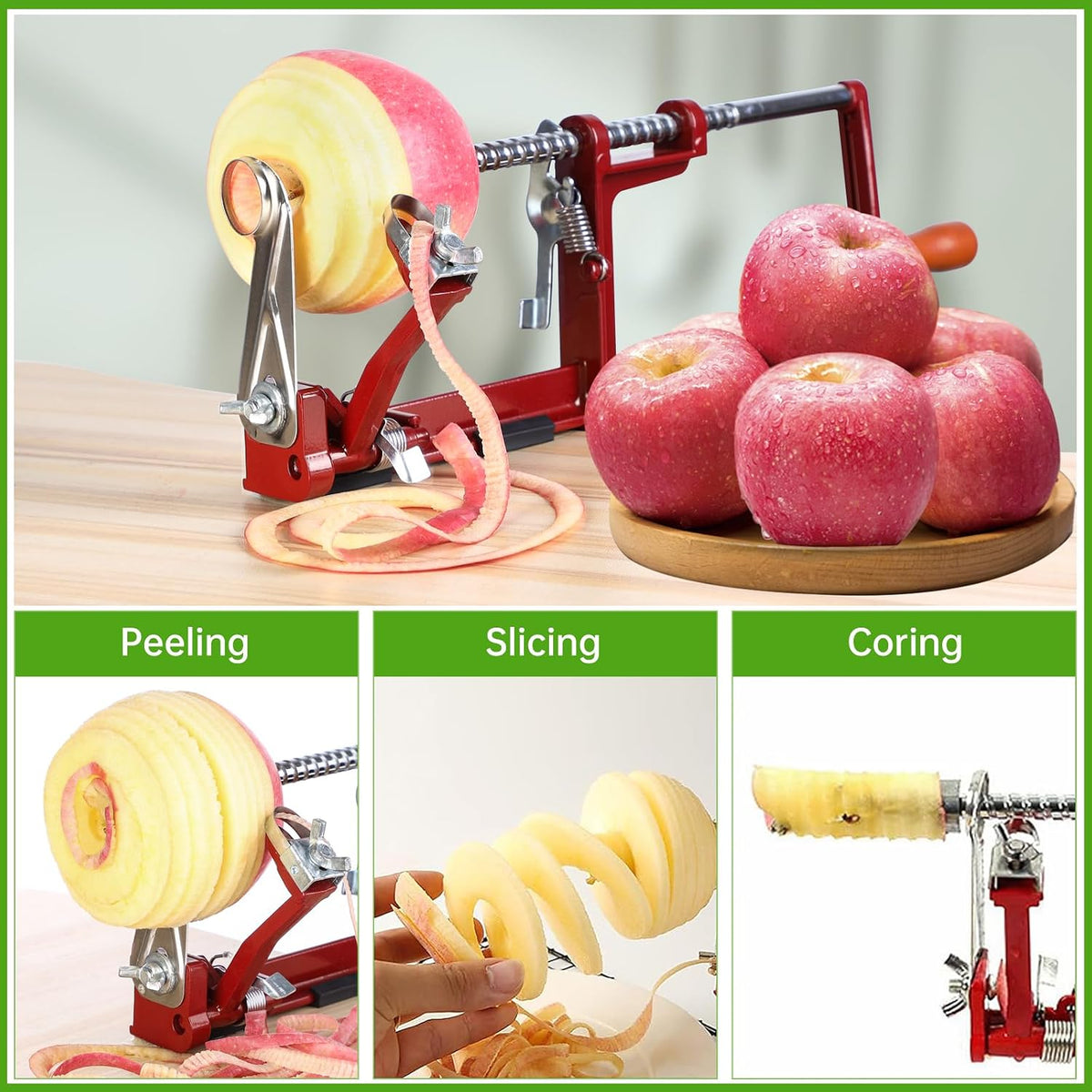 Apple Peeler Corer, Long lasting Chrome Cast Magnesium Alloy Apple Peeler Slicer Corer with Stainless Steel Blades and Powerful Suction Base for Apples and Potato(Red)