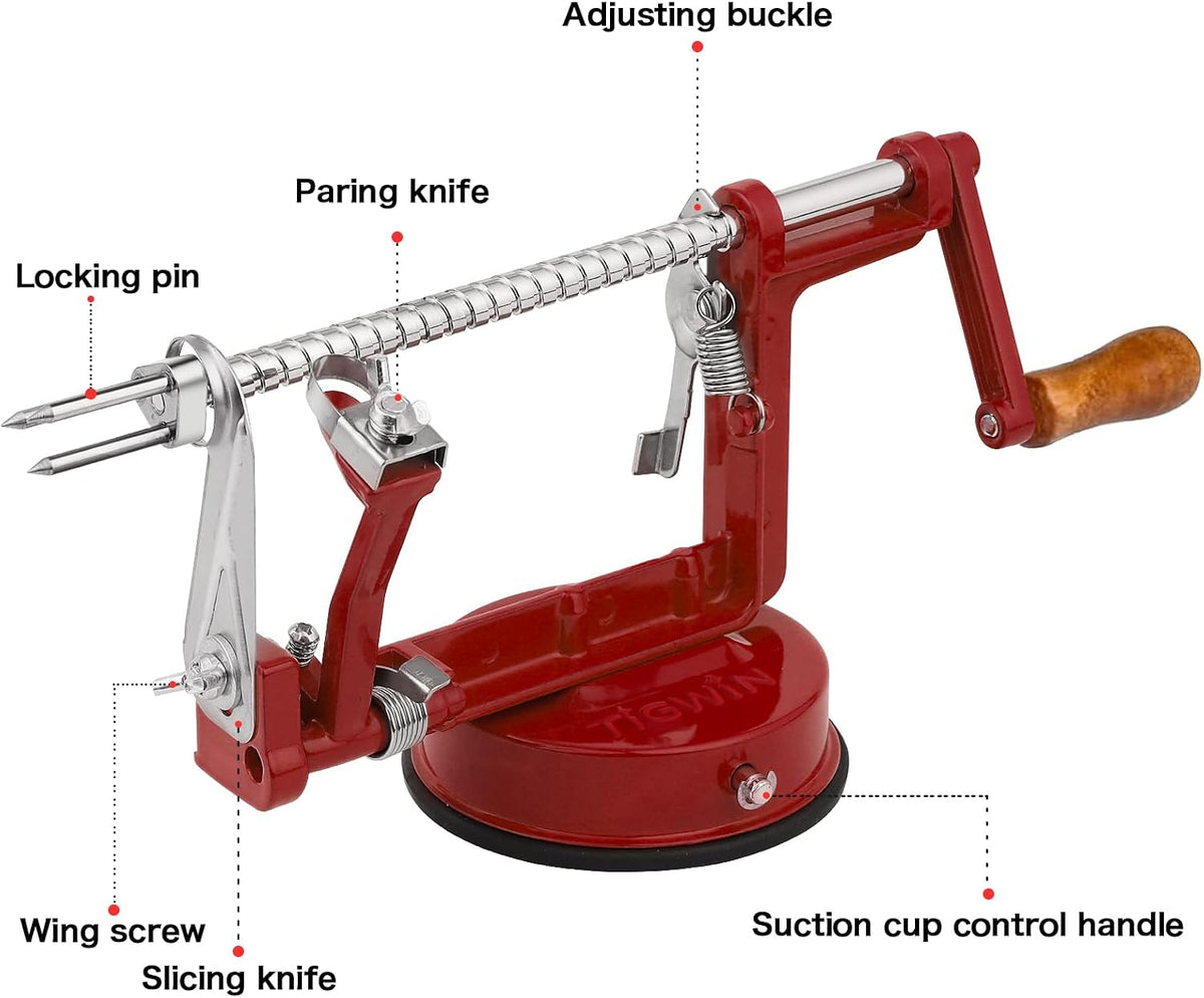 Apple Peeler Corer, Long lasting Chrome Cast Magnesium Alloy Apple Peeler Slicer Corer with Stainless Steel Blades and Powerful Suction Base for Apples and Potato(Red)