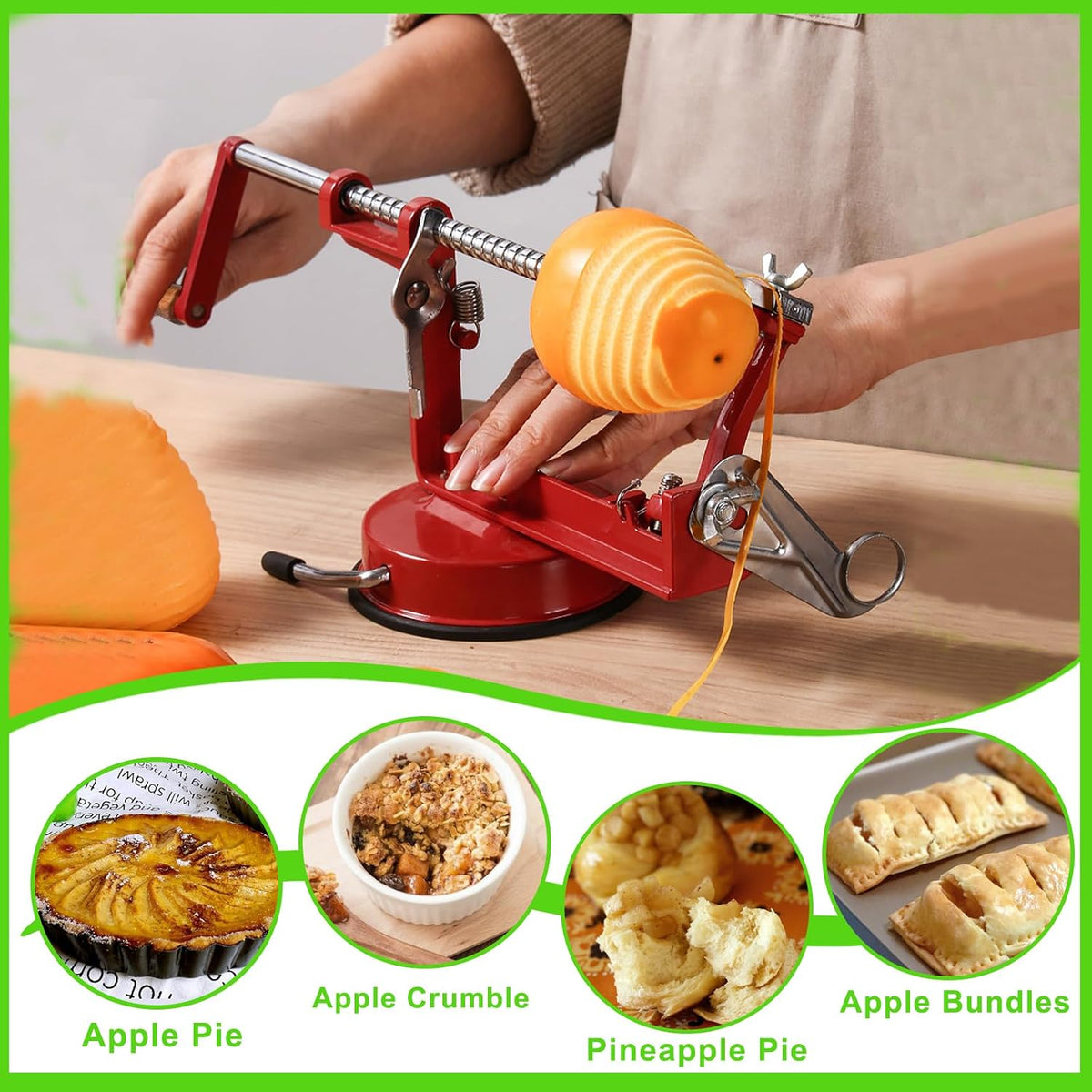 Apple Peeler Corer, Long lasting Chrome Cast Magnesium Alloy Apple Peeler Slicer Corer with Stainless Steel Blades and Powerful Suction Base for Apples and Potato(Red)