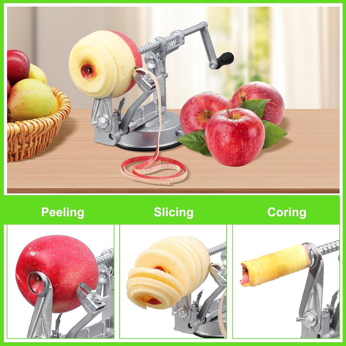 Apple Peeler Corer, Long lasting Chrome Cast Magnesium Alloy Apple Peeler Slicer Corer with Stainless Steel Blades and Powerful Suction Base for Apples and Potato(Red)