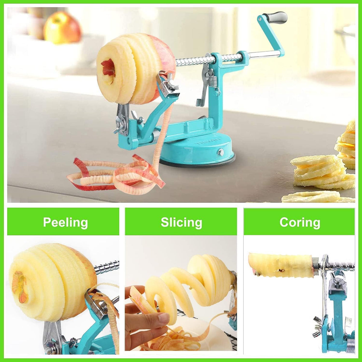 Apple Peeler Corer, Long lasting Chrome Cast Magnesium Alloy Apple Peeler Slicer Corer with Stainless Steel Blades and Powerful Suction Base for Apples and Potato(Red)