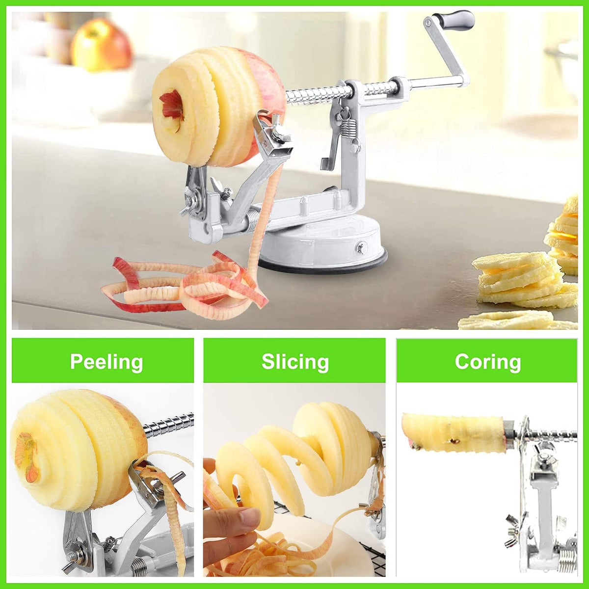 Apple Peeler Corer, Long lasting Chrome Cast Magnesium Alloy Apple Peeler Slicer Corer with Stainless Steel Blades and Powerful Suction Base for Apples and Potato(Red)