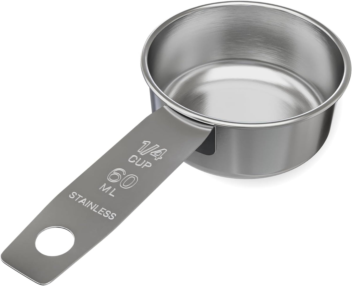 1/4 Cup Stainless Steel Measuring Cup | Sturdy Metal 60 ml | 60 cc | 2 oz | Single Cup for Wet and Dry Ingredients | Great for use as 1/4 Cup Dog Food Scoop - 1 PK