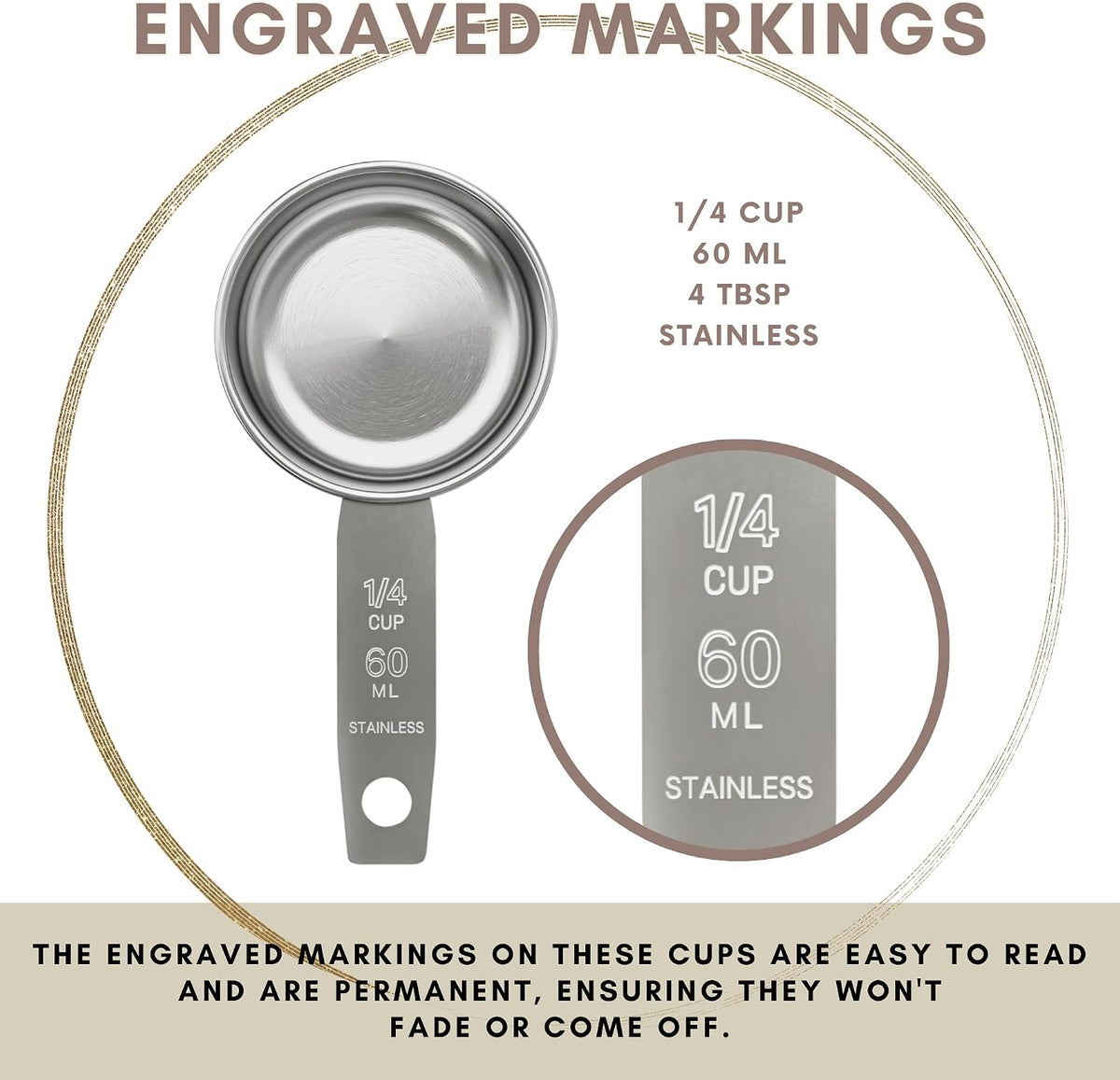 1/4 Cup Stainless Steel Measuring Cup | Sturdy Metal 60 ml | 60 cc | 2 oz | Single Cup for Wet and Dry Ingredients | Great for use as 1/4 Cup Dog Food Scoop - 1 PK