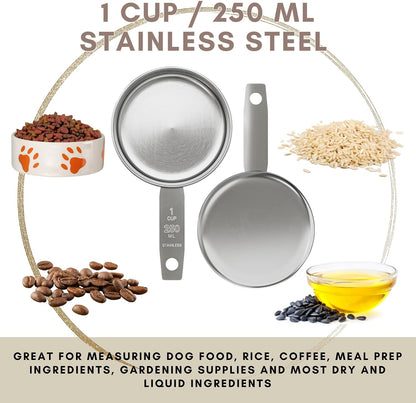 1/4 Cup Stainless Steel Measuring Cup | Sturdy Metal 60 ml | 60 cc | 2 oz | Single Cup for Wet and Dry Ingredients | Great for use as 1/4 Cup Dog Food Scoop - 1 PK