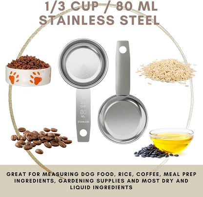 1/4 Cup Stainless Steel Measuring Cup | Sturdy Metal 60 ml | 60 cc | 2 oz | Single Cup for Wet and Dry Ingredients | Great for use as 1/4 Cup Dog Food Scoop - 1 PK