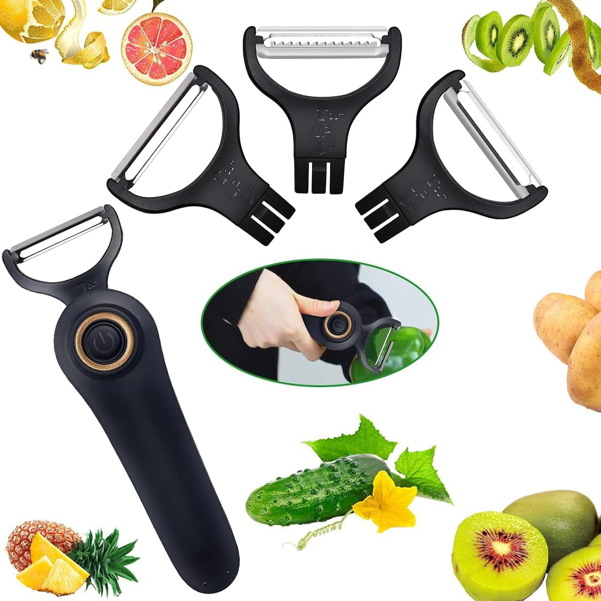 Electric Fruit Vegetable Peeler, Handheld Potato Peeler Pro Set, Kitchen Peeler Slicer with 3 Interchangeable Blades for Apple Potato Carrot Cucumber