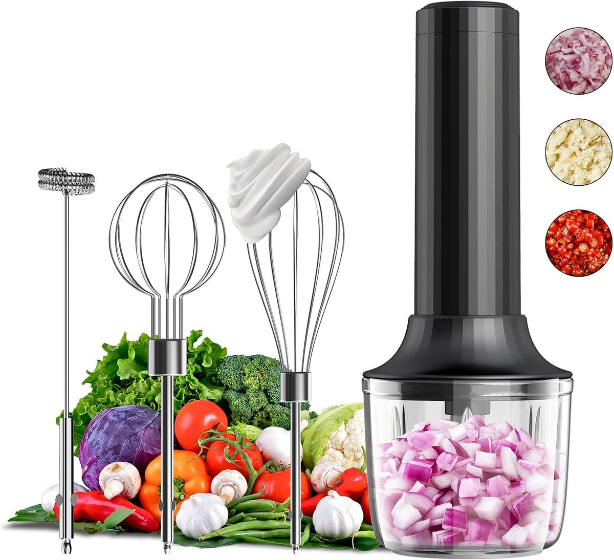Cordless Hand Mixer MixgoII, Handheld Mixer Electric Whisk & Milk Frother, Hand Held Mini Mixers, Rechargeable Hand Mixer and Whisker, Food Processor for Cooking, Food Chopper, 4-Speed, 10Oz