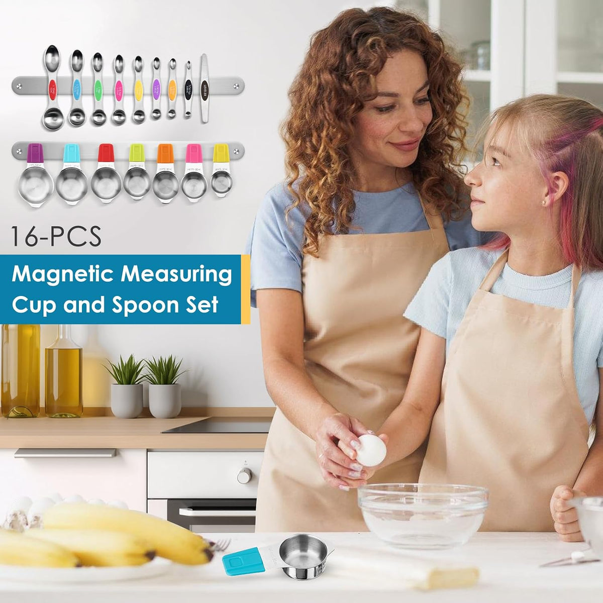 16PCS Magnetic Measuring Cups & Spoons Set,Heavy Duty 304 Stainless Steel，Double Measurement Easy to Read Markings with Leveler for Measure Dry or Liquid Ingredients