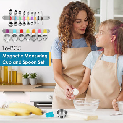 16PCS Magnetic Measuring Cups & Spoons Set,Heavy Duty 304 Stainless Steel，Double Measurement Easy to Read Markings with Leveler for Measure Dry or Liquid Ingredients