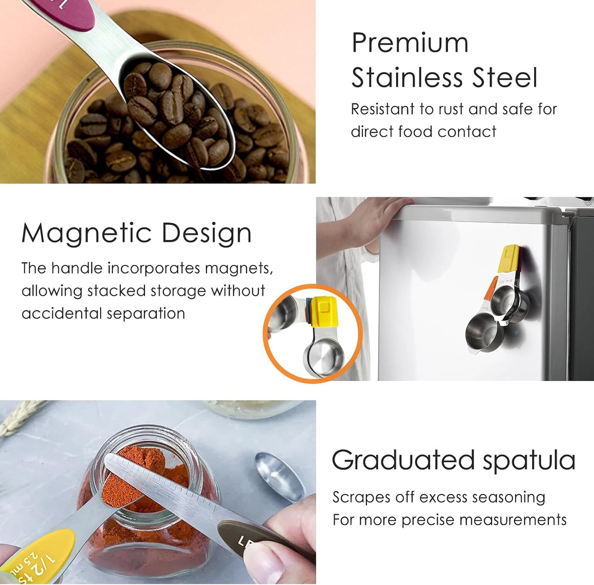 16PCS Magnetic Measuring Cups & Spoons Set,Heavy Duty 304 Stainless Steel，Double Measurement Easy to Read Markings with Leveler for Measure Dry or Liquid Ingredients