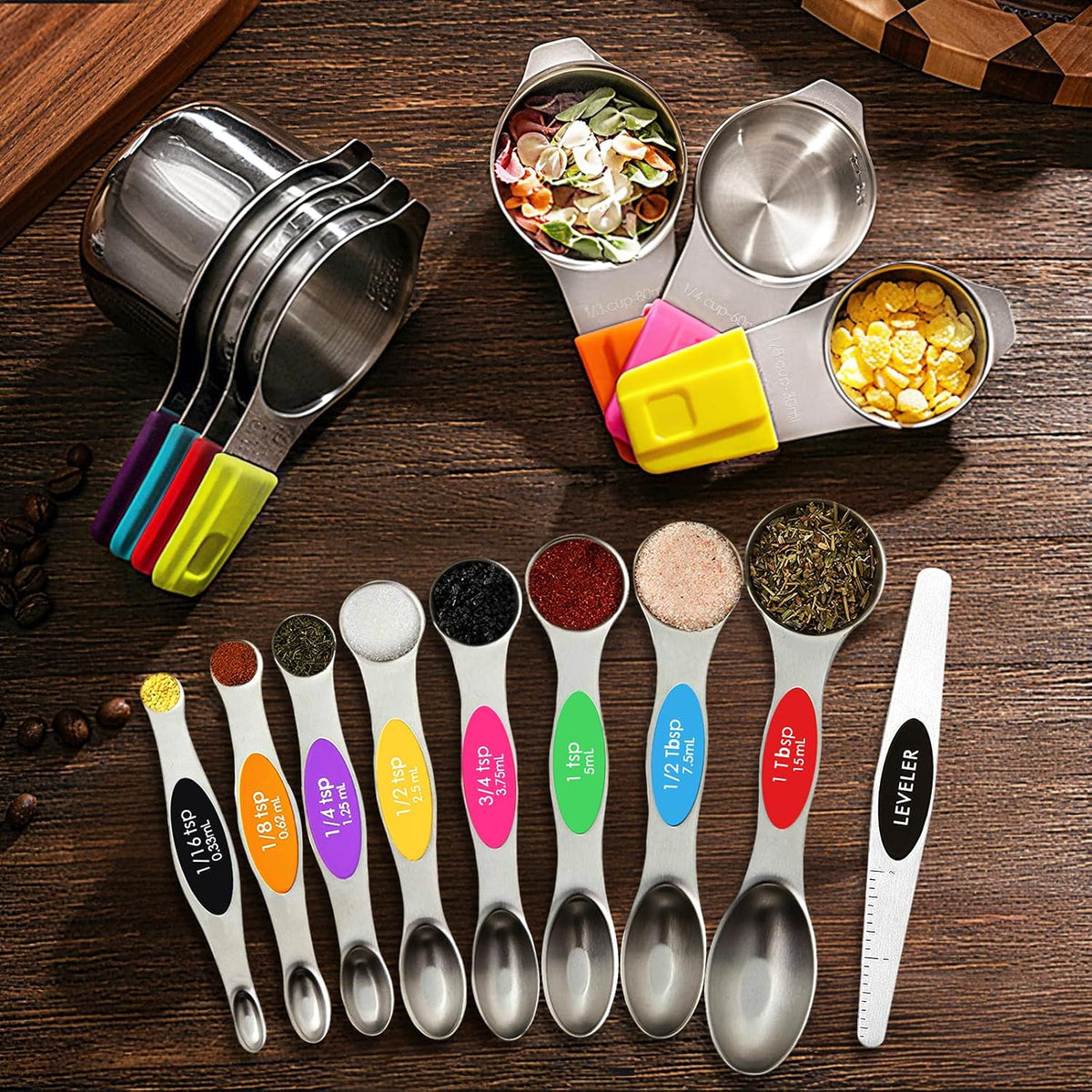 16PCS Magnetic Measuring Cups & Spoons Set,Heavy Duty 304 Stainless Steel，Double Measurement Easy to Read Markings with Leveler for Measure Dry or Liquid Ingredients