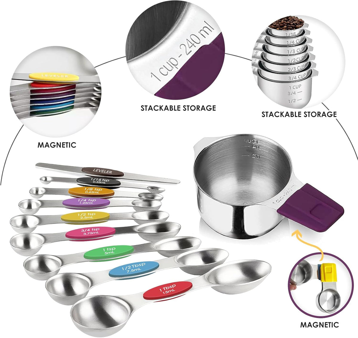 16PCS Magnetic Measuring Cups & Spoons Set,Heavy Duty 304 Stainless Steel，Double Measurement Easy to Read Markings with Leveler for Measure Dry or Liquid Ingredients