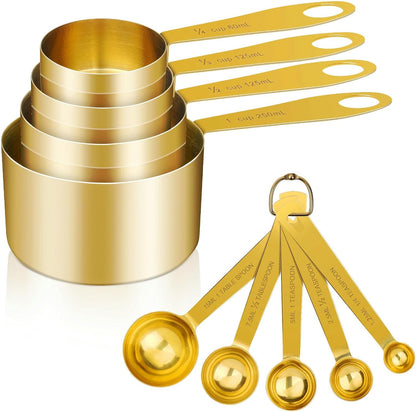 9pcs 304 Stainless Steel Measuring Cups & Spoons, Stackable Long Handle Fits Narrow Jars, Golden Finish, Metric & US Measures for Dry/Liquid Ingredients, Rust-Proof for Baking & Cooking