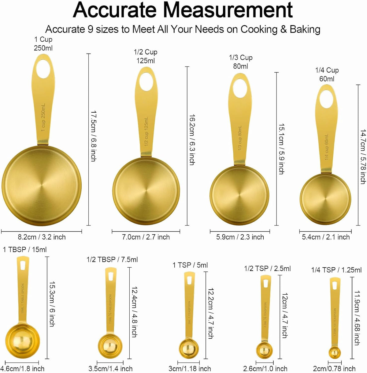 9pcs 304 Stainless Steel Measuring Cups & Spoons, Stackable Long Handle Fits Narrow Jars, Golden Finish, Metric & US Measures for Dry/Liquid Ingredients, Rust-Proof for Baking & Cooking