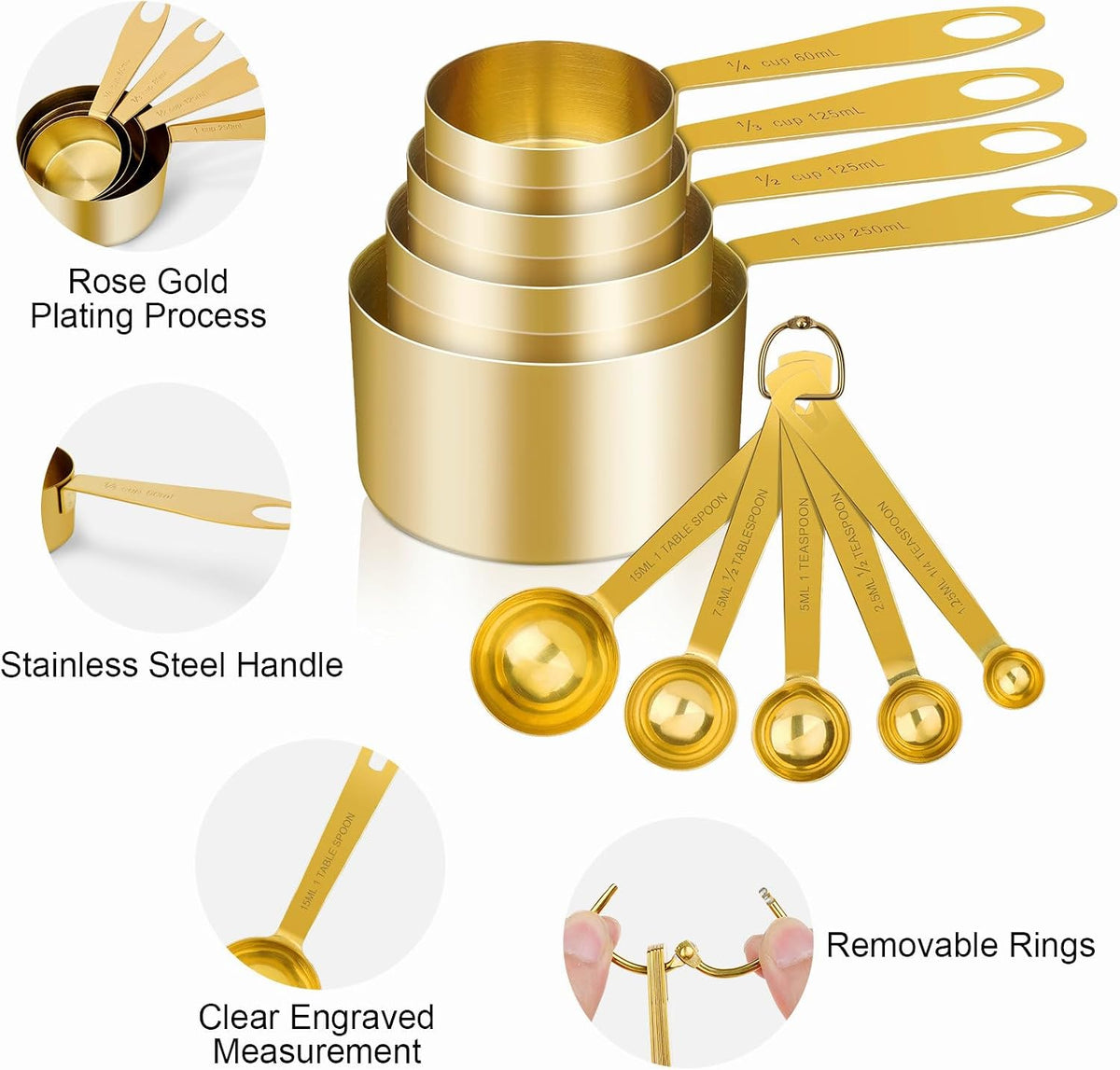 9pcs 304 Stainless Steel Measuring Cups & Spoons, Stackable Long Handle Fits Narrow Jars, Golden Finish, Metric & US Measures for Dry/Liquid Ingredients, Rust-Proof for Baking & Cooking
