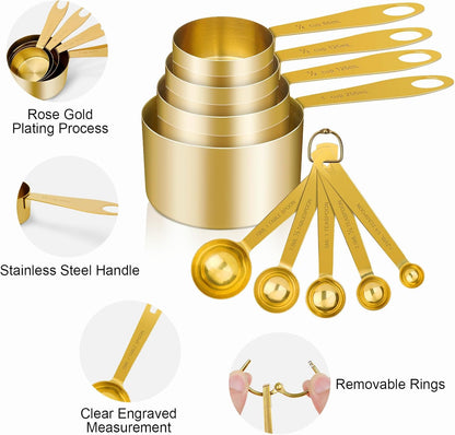 9pcs 304 Stainless Steel Measuring Cups & Spoons, Stackable Long Handle Fits Narrow Jars, Golden Finish, Metric & US Measures for Dry/Liquid Ingredients, Rust-Proof for Baking & Cooking