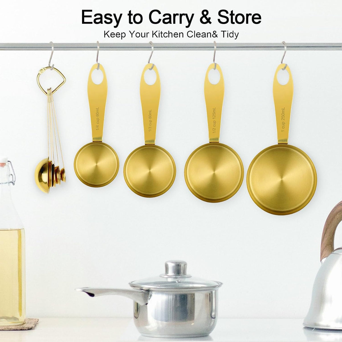 9pcs 304 Stainless Steel Measuring Cups & Spoons, Stackable Long Handle Fits Narrow Jars, Golden Finish, Metric & US Measures for Dry/Liquid Ingredients, Rust-Proof for Baking & Cooking
