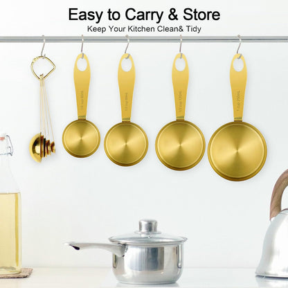 9pcs 304 Stainless Steel Measuring Cups & Spoons, Stackable Long Handle Fits Narrow Jars, Golden Finish, Metric & US Measures for Dry/Liquid Ingredients, Rust-Proof for Baking & Cooking