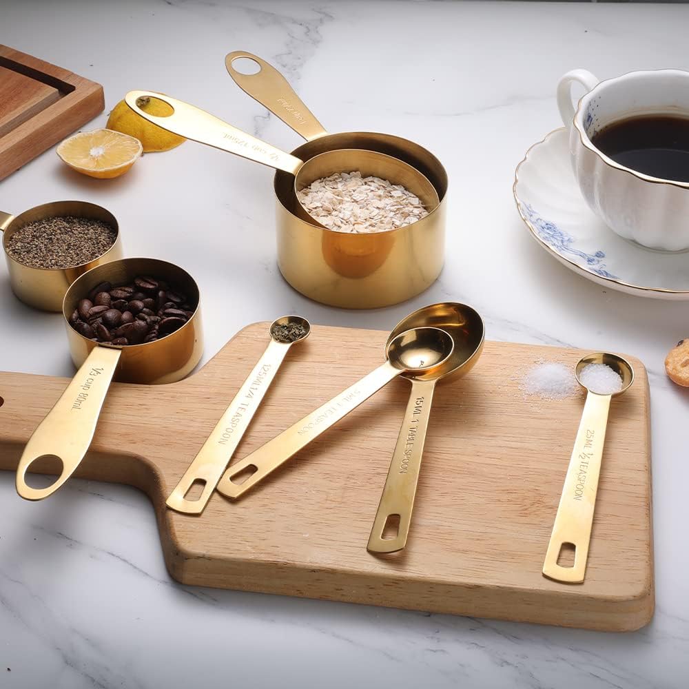 9pcs 304 Stainless Steel Measuring Cups & Spoons, Stackable Long Handle Fits Narrow Jars, Golden Finish, Metric & US Measures for Dry/Liquid Ingredients, Rust-Proof for Baking & Cooking