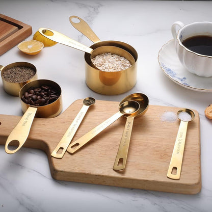 9pcs 304 Stainless Steel Measuring Cups & Spoons, Stackable Long Handle Fits Narrow Jars, Golden Finish, Metric & US Measures for Dry/Liquid Ingredients, Rust-Proof for Baking & Cooking