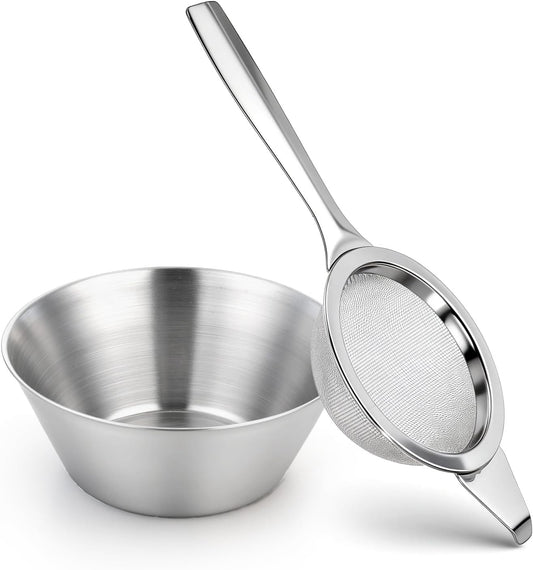 2 PCS Matcha Sifter, Small Fine Mesh Strainer Metal Micro Sifter Mini Cocktail Strainer with Base Stainless Steel Sieve with Handle for Tea, Juicing, Coffee, Cocktail, Powdered Sugar