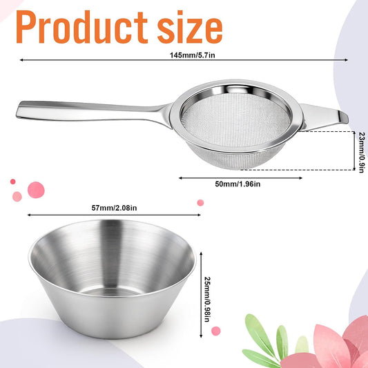2 PCS Matcha Sifter, Small Fine Mesh Strainer Metal Micro Sifter Mini Cocktail Strainer with Base Stainless Steel Sieve with Handle for Tea, Juicing, Coffee, Cocktail, Powdered Sugar