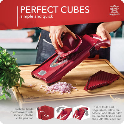 Mandoline Slicer V5 (Professional Set) • Adjustable Vegetable Slicer (7-piece) • 10 Cutting Styles • Kitchen Slicer incl. Docking Station • Stainless Steel V-Blade • Color: Red