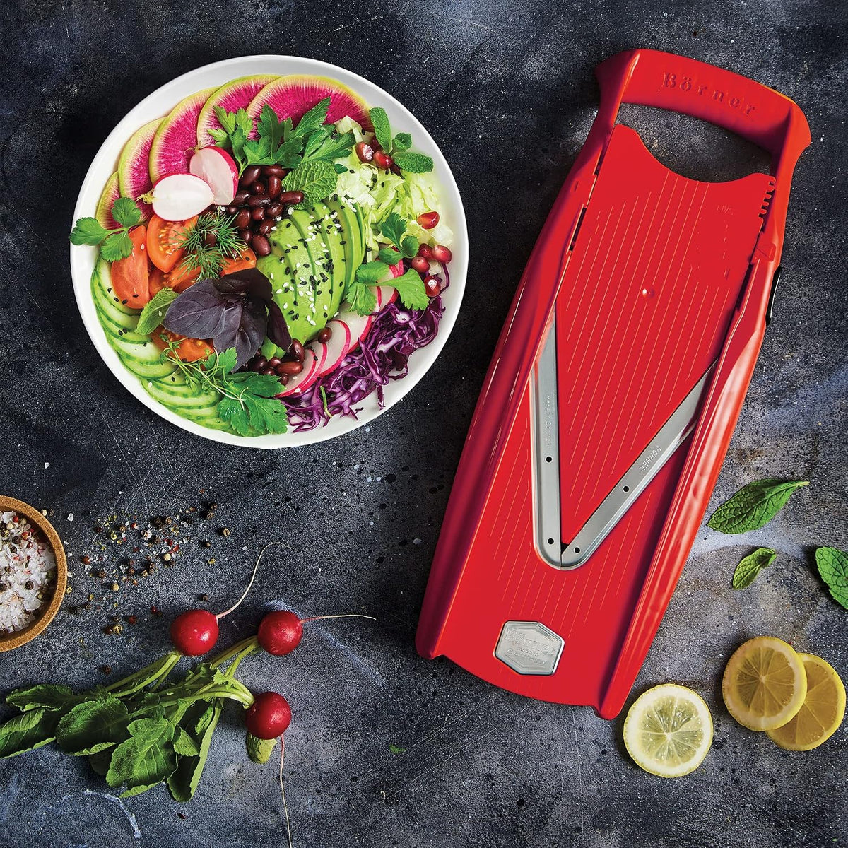 Mandoline Slicer V5 (Professional Set) • Adjustable Vegetable Slicer (7-piece) • 10 Cutting Styles • Kitchen Slicer incl. Docking Station • Stainless Steel V-Blade • Color: Red