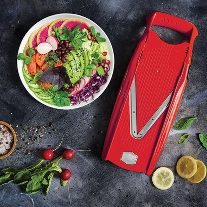 Mandoline Slicer V5 (Professional Set) • Adjustable Vegetable Slicer (7-piece) • 10 Cutting Styles • Kitchen Slicer incl. Docking Station • Stainless Steel V-Blade • Color: Red