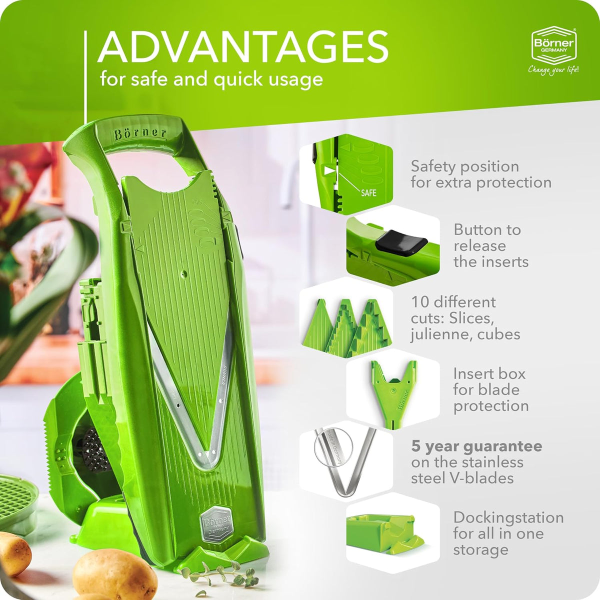 Mandoline Slicer V5 (Professional Set) • Adjustable Vegetable Slicer (7-piece) • 10 Cutting Styles • Kitchen Slicer incl. Docking Station • Stainless Steel V-Blade • Color: Red