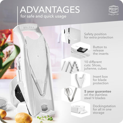 Mandoline Slicer V5 (Professional Set) • Adjustable Vegetable Slicer (7-piece) • 10 Cutting Styles • Kitchen Slicer incl. Docking Station • Stainless Steel V-Blade • Color: Red