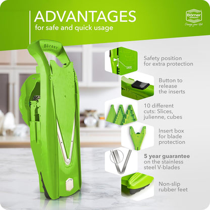Mandoline Slicer V5 (Professional Set) • Adjustable Vegetable Slicer (7-piece) • 10 Cutting Styles • Kitchen Slicer incl. Docking Station • Stainless Steel V-Blade • Color: Red