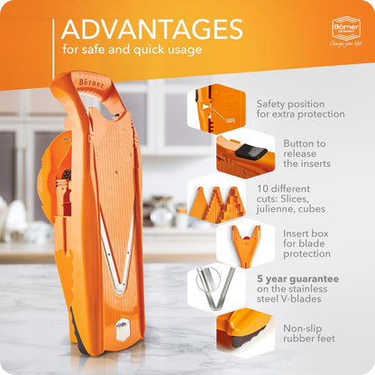 Mandoline Slicer V5 (Professional Set) • Adjustable Vegetable Slicer (7-piece) • 10 Cutting Styles • Kitchen Slicer incl. Docking Station • Stainless Steel V-Blade • Color: Red