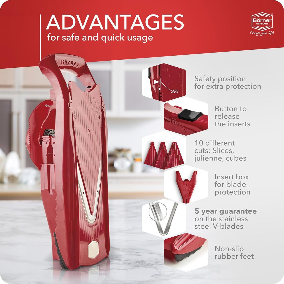 Mandoline Slicer V5 (Professional Set) • Adjustable Vegetable Slicer (7-piece) • 10 Cutting Styles • Kitchen Slicer incl. Docking Station • Stainless Steel V-Blade • Color: Red