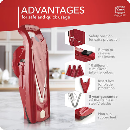 Mandoline Slicer V5 (Professional Set) • Adjustable Vegetable Slicer (7-piece) • 10 Cutting Styles • Kitchen Slicer incl. Docking Station • Stainless Steel V-Blade • Color: Red