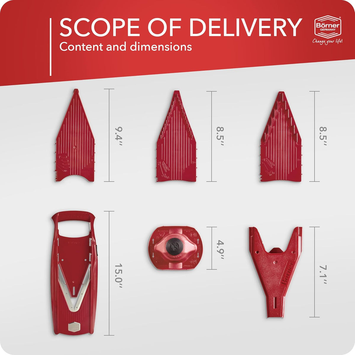 Mandoline Slicer V5 (Professional Set) • Adjustable Vegetable Slicer (7-piece) • 10 Cutting Styles • Kitchen Slicer incl. Docking Station • Stainless Steel V-Blade • Color: Red