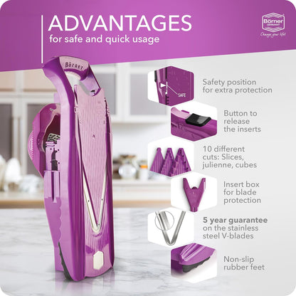 Mandoline Slicer V5 (Professional Set) • Adjustable Vegetable Slicer (7-piece) • 10 Cutting Styles • Kitchen Slicer incl. Docking Station • Stainless Steel V-Blade • Color: Red