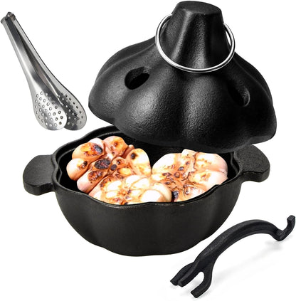 Cast Iron Garlic Roaster with Handle, Smoker Roaster, Garlic Cooker, Garlic Baker, Garlic Roasting Pot, Potato Baker, Mini Cocotte, Used in the Kitchen Oven or Outdoors on a BBQ Grill Stove