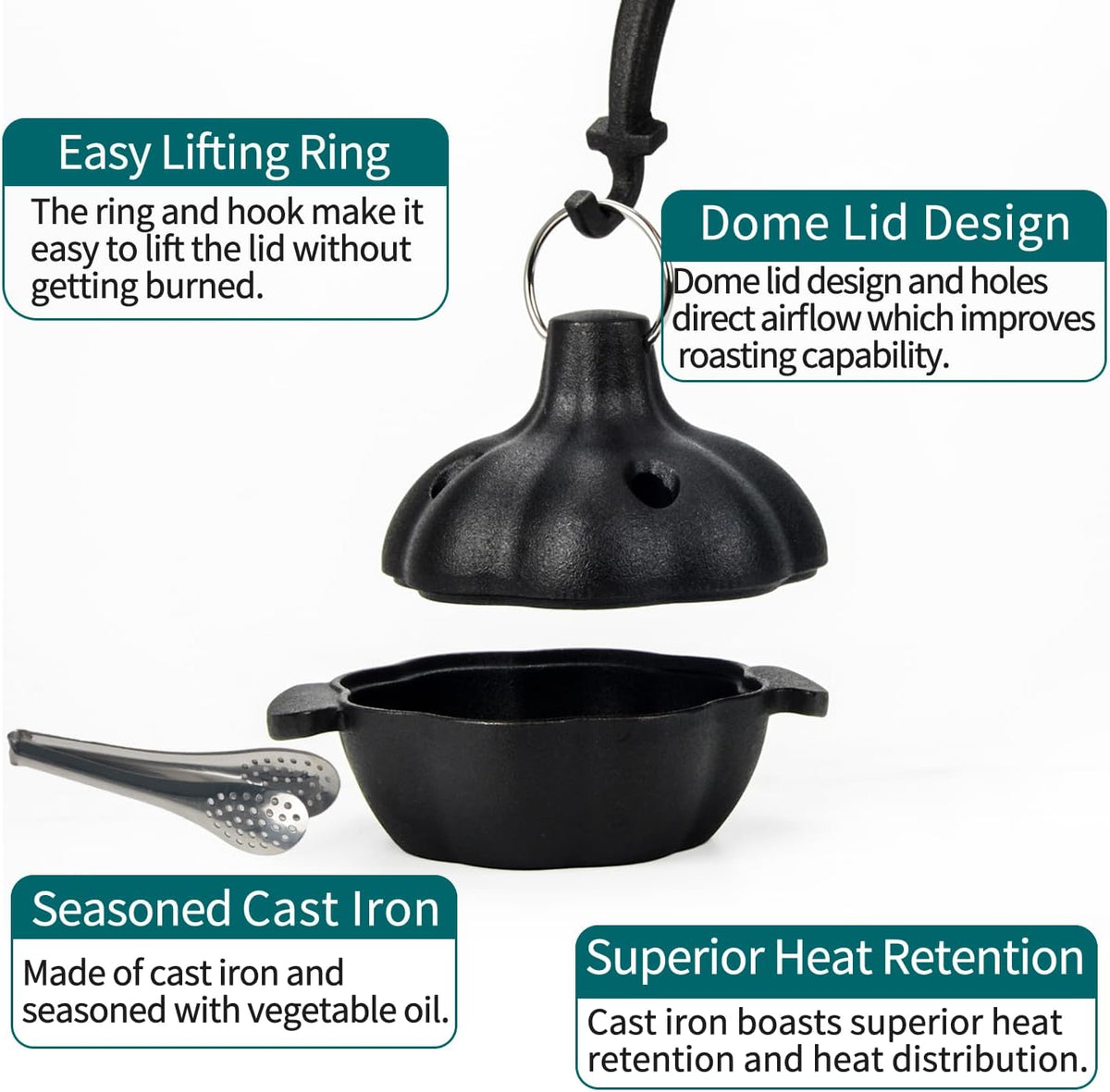 Cast Iron Garlic Roaster with Handle, Smoker Roaster, Garlic Cooker, Garlic Baker, Garlic Roasting Pot, Potato Baker, Mini Cocotte, Used in the Kitchen Oven or Outdoors on a BBQ Grill Stove