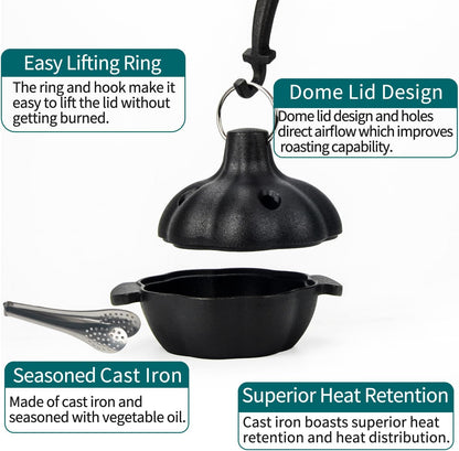 Cast Iron Garlic Roaster with Handle, Smoker Roaster, Garlic Cooker, Garlic Baker, Garlic Roasting Pot, Potato Baker, Mini Cocotte, Used in the Kitchen Oven or Outdoors on a BBQ Grill Stove
