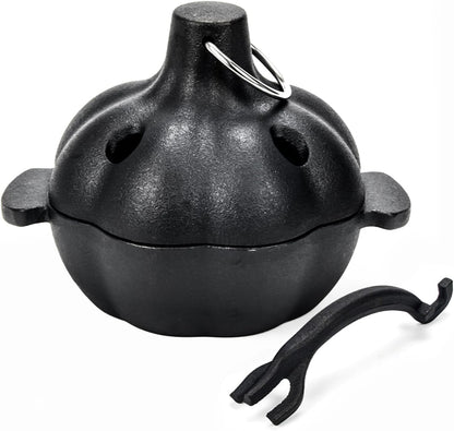 Cast Iron Garlic Roaster with Handle, Smoker Roaster, Garlic Cooker, Garlic Baker, Garlic Roasting Pot, Potato Baker, Mini Cocotte, Used in the Kitchen Oven or Outdoors on a BBQ Grill Stove