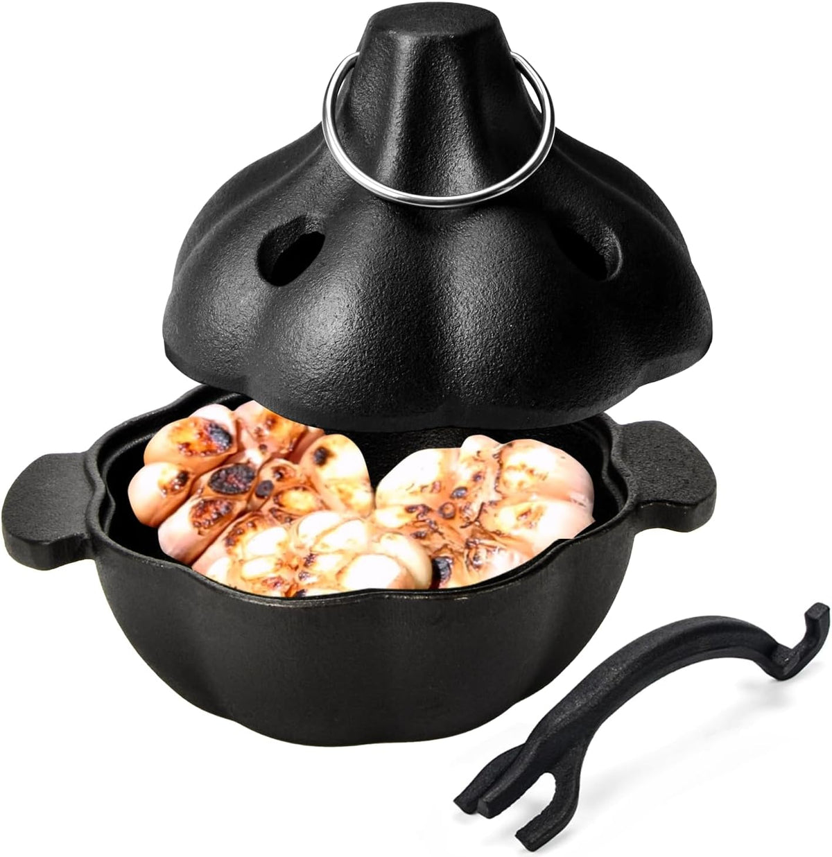 Cast Iron Garlic Roaster with Handle, Smoker Roaster, Garlic Cooker, Garlic Baker, Garlic Roasting Pot, Potato Baker, Mini Cocotte, Used in the Kitchen Oven or Outdoors on a BBQ Grill Stove