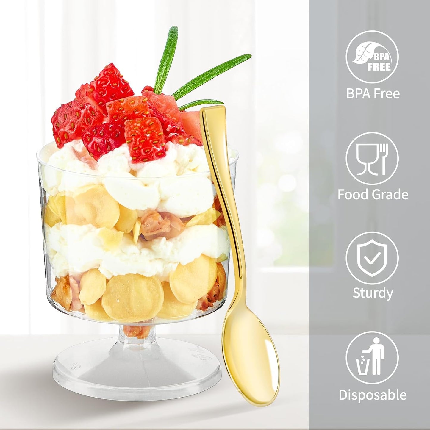 4 Inch Gold Mini Plastic Spoons, 100 Pack | Disposable Small Dessert Spoons, For Appetizer Tasting, Puddings, Ice Creams, Wedding Reception