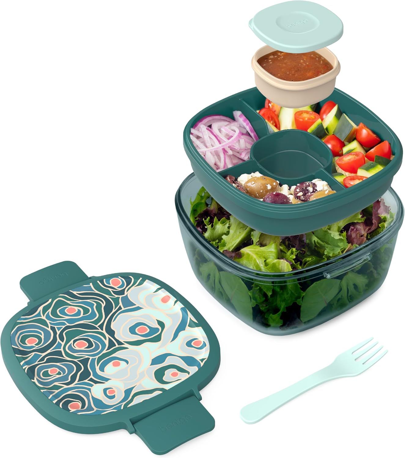 Glass Prints Salad Container - 7.6-Cup Tinted Glass Salad Bowl with Airtight Lid, Leak-Proof Sauce Container, 4-Compartment Bento Meal Prep Tray & Reusable Fork (Floral Maximalist - Sea)