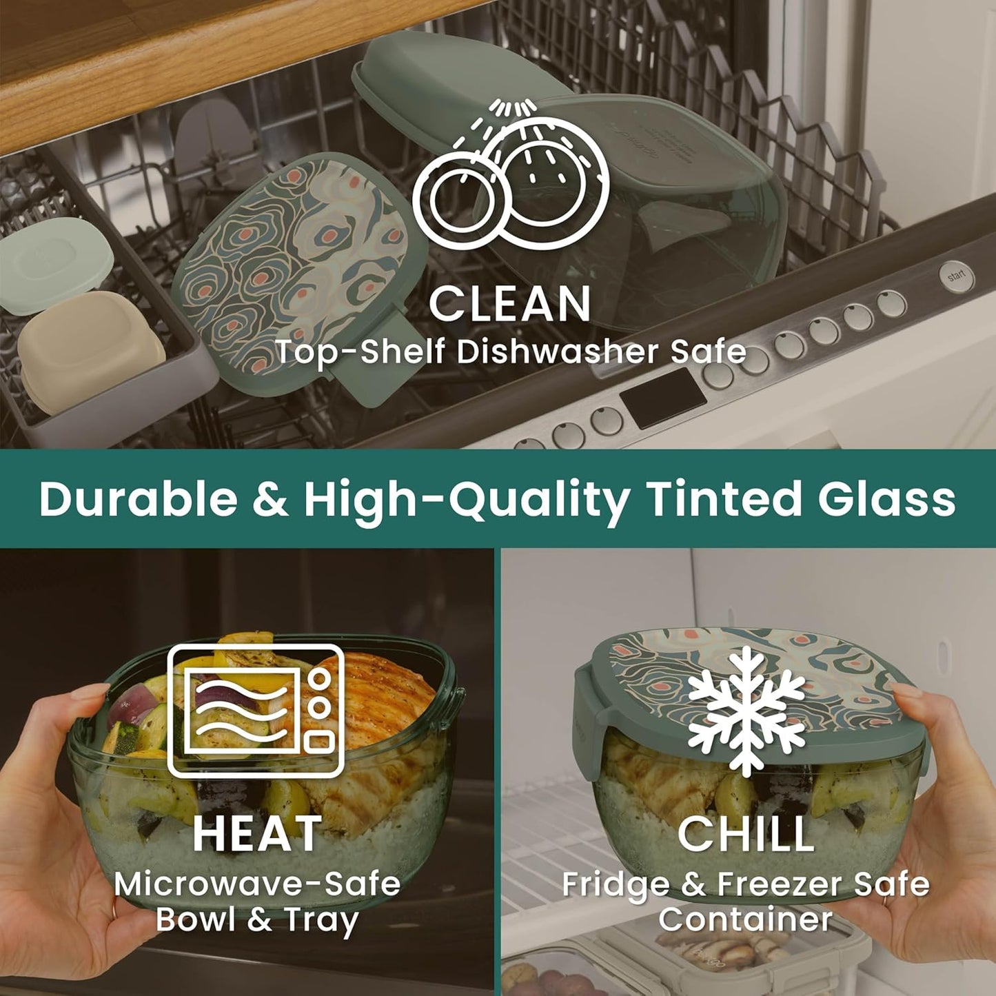 Glass Prints Salad Container - 7.6-Cup Tinted Glass Salad Bowl with Airtight Lid, Leak-Proof Sauce Container, 4-Compartment Bento Meal Prep Tray & Reusable Fork (Floral Maximalist - Sea)